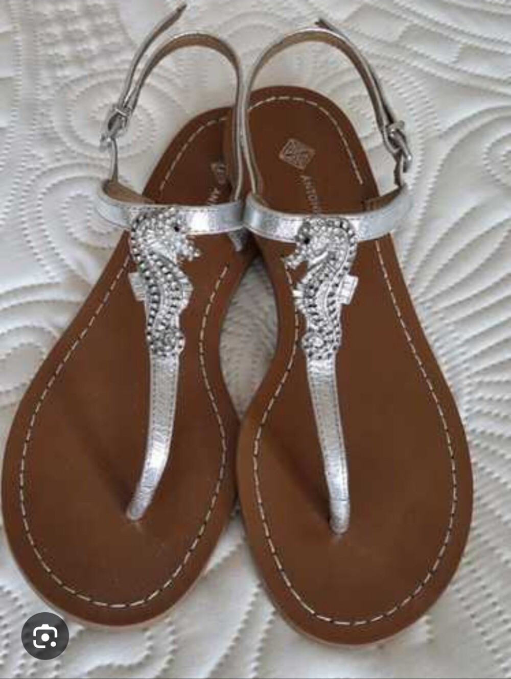 ANTONIO MELANI Metallic Silver Embellished T-Strap Sandals